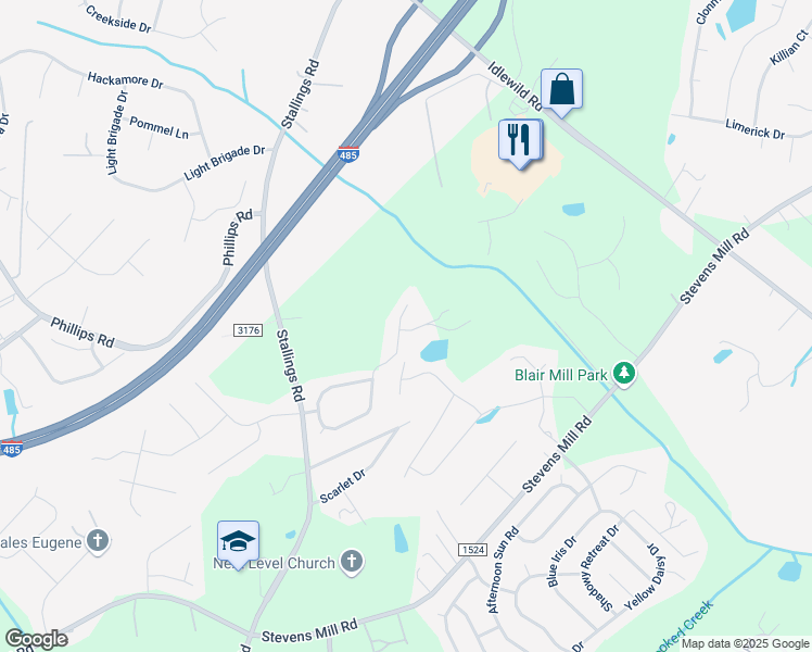 map of restaurants, bars, coffee shops, grocery stores, and more near 4500 Lawrence Daniel Drive in Matthews