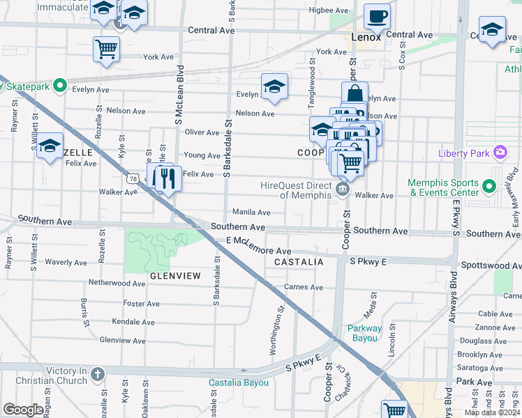 map of restaurants, bars, coffee shops, grocery stores, and more near 1974 Manila Avenue in Memphis