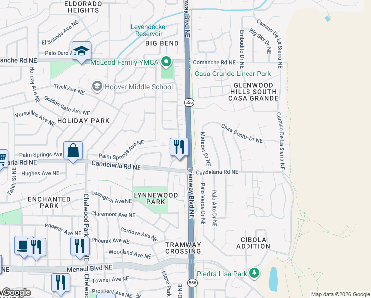 map of restaurants, bars, coffee shops, grocery stores, and more near 12501 Candelaria Road Northeast in Albuquerque