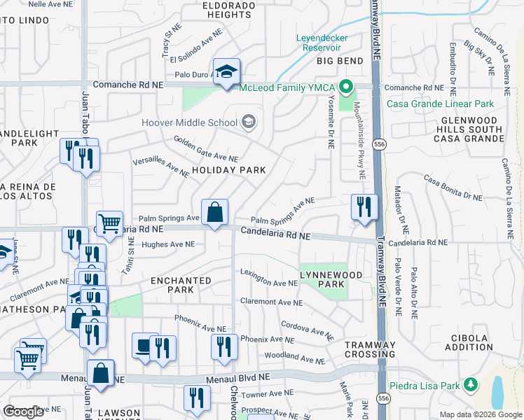 map of restaurants, bars, coffee shops, grocery stores, and more near 12108 Palm Springs Avenue Northeast in Albuquerque