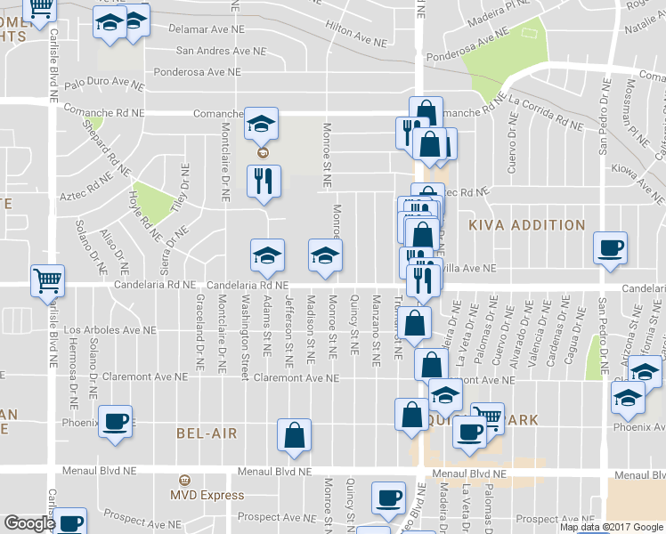 map of restaurants, bars, coffee shops, grocery stores, and more near in Albuquerque