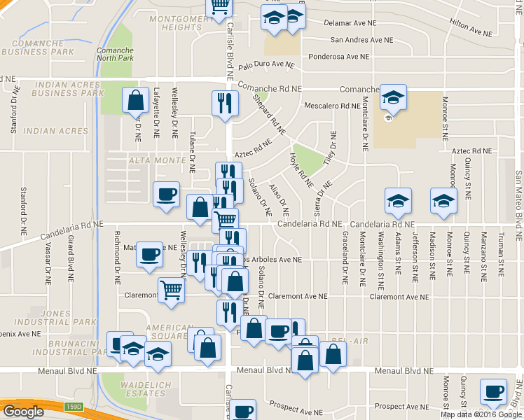map of restaurants, bars, coffee shops, grocery stores, and more near 3001 Solano Drive Northeast in Albuquerque