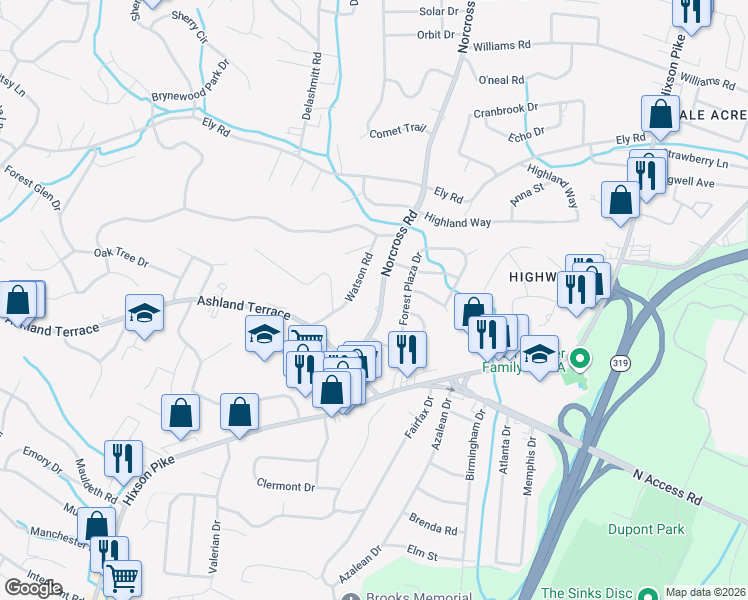 map of restaurants, bars, coffee shops, grocery stores, and more near 4026 Norcross Road in Chattanooga