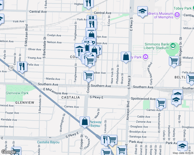 map of restaurants, bars, coffee shops, grocery stores, and more near 1069 Meda Street in Memphis