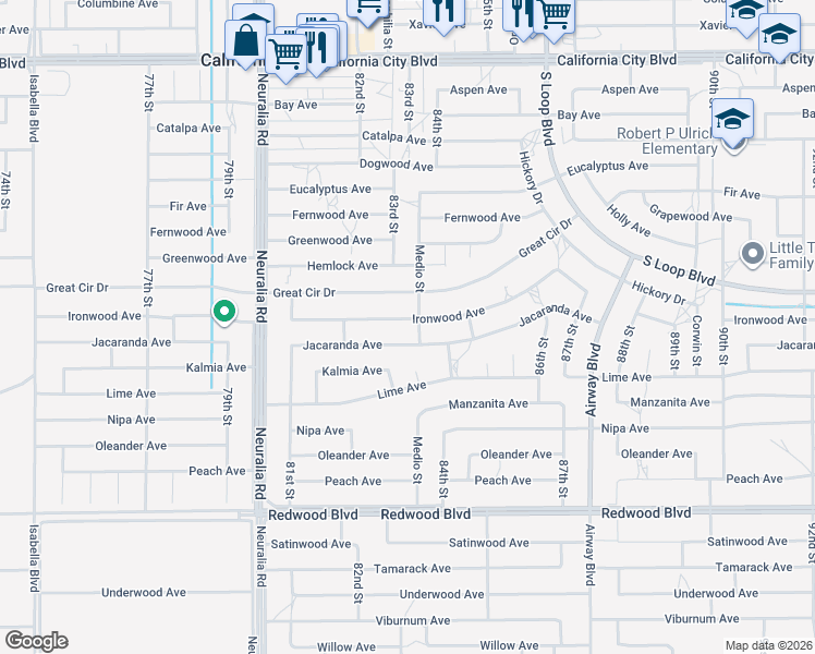 map of restaurants, bars, coffee shops, grocery stores, and more near 8312 Ironwood Avenue in California City