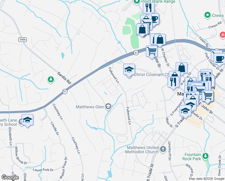 map of restaurants, bars, coffee shops, grocery stores, and more near 1025 Greenbridge Drive in Matthews