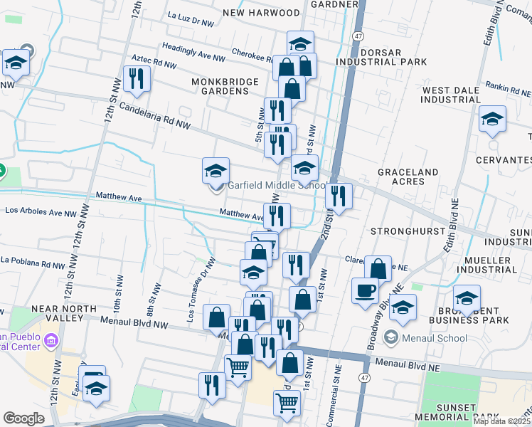 map of restaurants, bars, coffee shops, grocery stores, and more near 3401 4th Street Northwest in Albuquerque