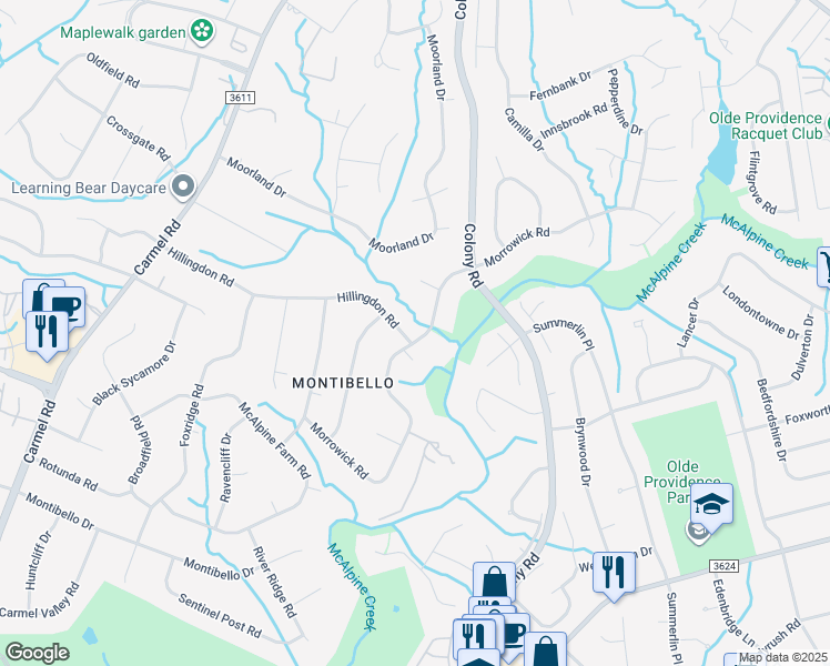 map of restaurants, bars, coffee shops, grocery stores, and more near 5104 Daresby Court in Charlotte