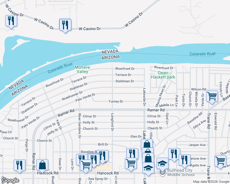 map of restaurants, bars, coffee shops, grocery stores, and more near 895 Turney Drive in Bullhead City