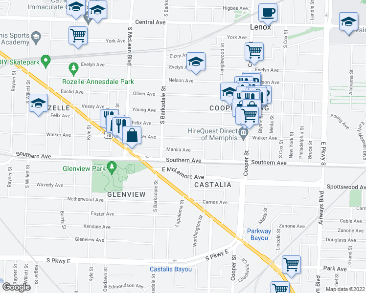 map of restaurants, bars, coffee shops, grocery stores, and more near 1962 Manila Avenue in Memphis