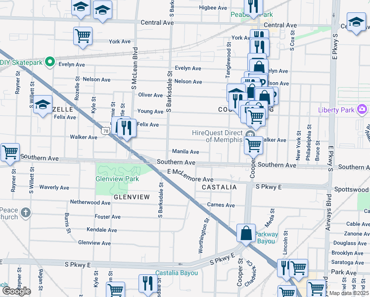 map of restaurants, bars, coffee shops, grocery stores, and more near 1954 Manila Avenue in Memphis