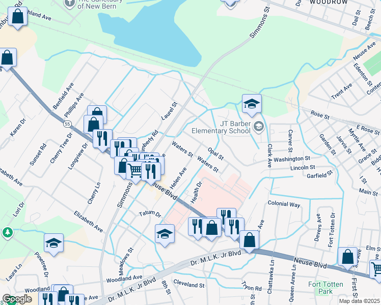 map of restaurants, bars, coffee shops, grocery stores, and more near 1401 Helen Ave in New Bern