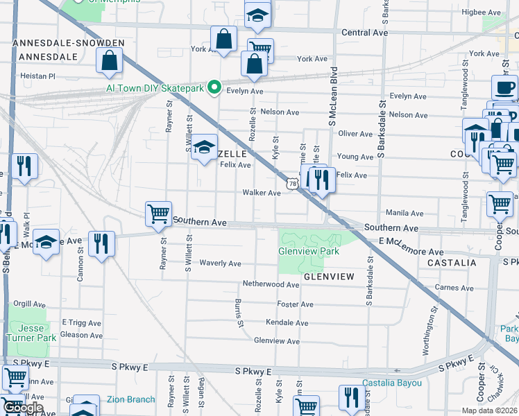 map of restaurants, bars, coffee shops, grocery stores, and more near 1676 Walker Avenue in Memphis