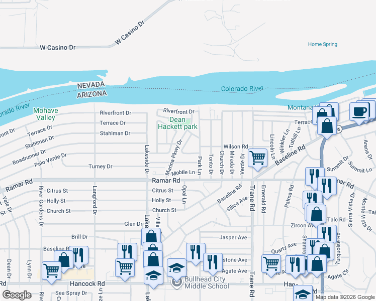 map of restaurants, bars, coffee shops, grocery stores, and more near 1064 Joshua Lane in Bullhead City