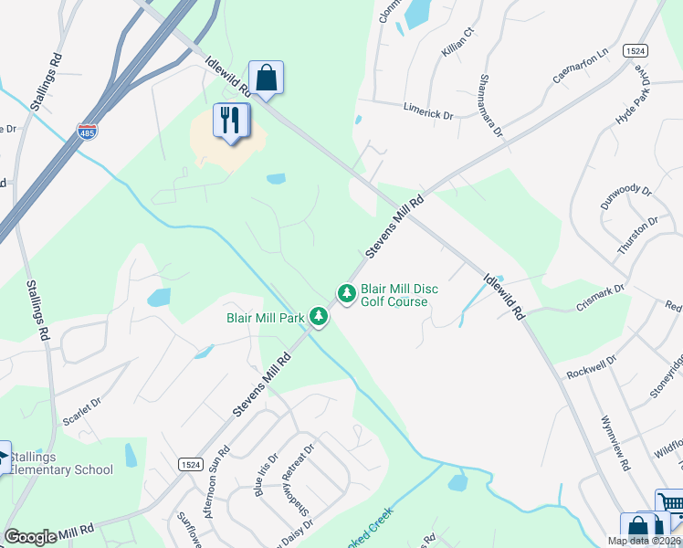 map of restaurants, bars, coffee shops, grocery stores, and more near 5419 Stevens Mill Road in Matthews