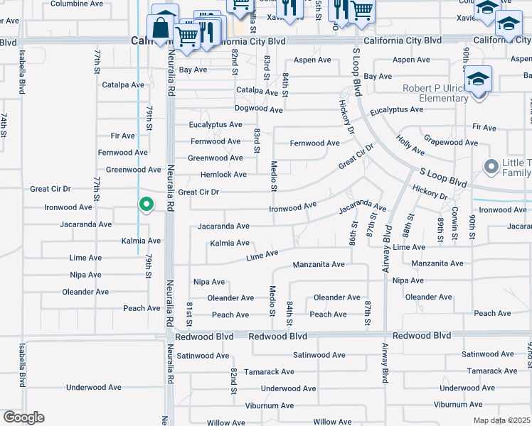 map of restaurants, bars, coffee shops, grocery stores, and more near 8312 Ironwood Avenue in California City