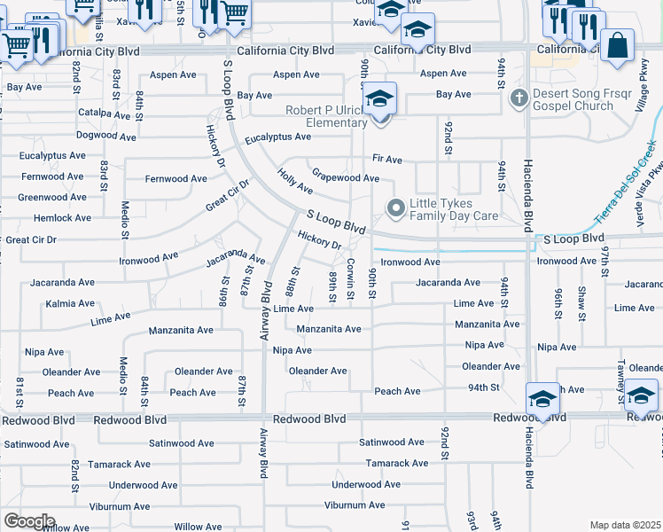 map of restaurants, bars, coffee shops, grocery stores, and more near Ironwood Avenue in California City