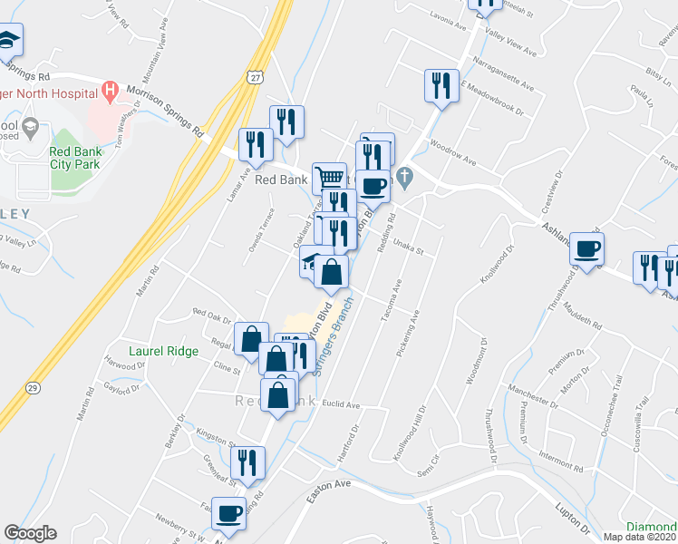 map of restaurants, bars, coffee shops, grocery stores, and more near 3803 Dayton Boulevard in Chattanooga