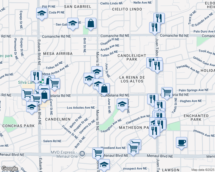 map of restaurants, bars, coffee shops, grocery stores, and more near 3155 June Street Northeast in Albuquerque