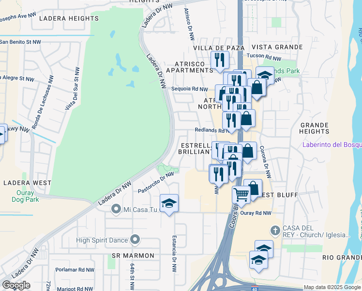 map of restaurants, bars, coffee shops, grocery stores, and more near 3027 Prenda De Oro Drive Northwest in Albuquerque