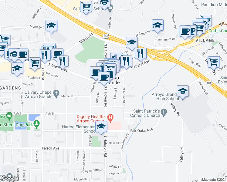 map of restaurants, bars, coffee shops, grocery stores, and more near in Arroyo Grande