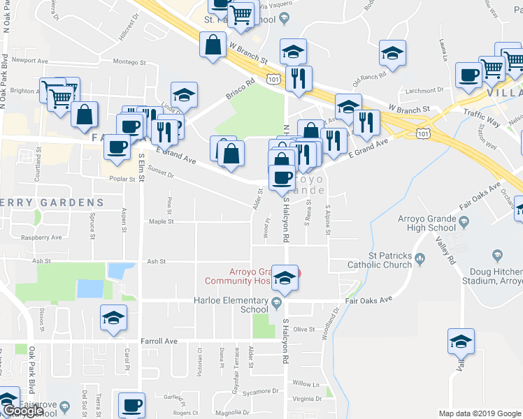 map of restaurants, bars, coffee shops, grocery stores, and more near 124 South Halcyon Road in Arroyo Grande