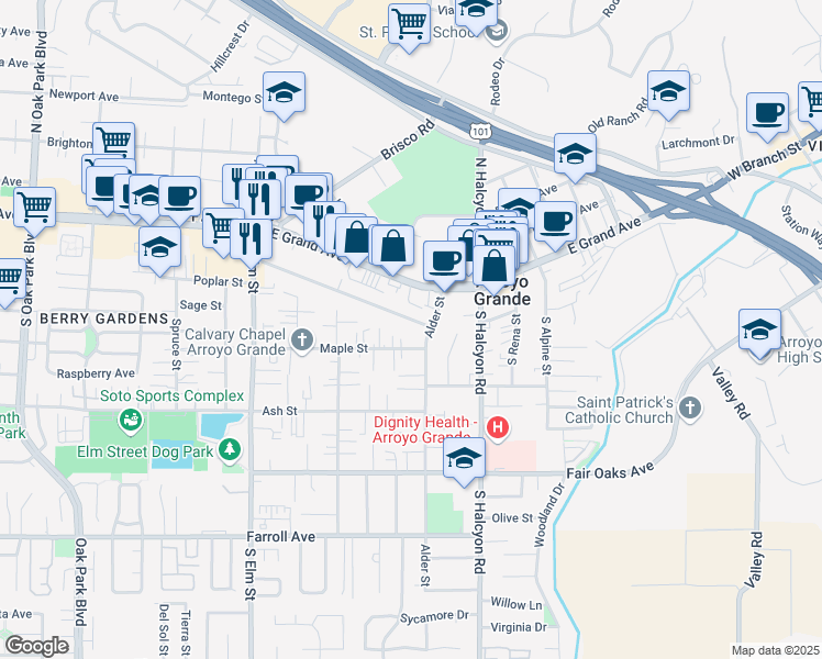 map of restaurants, bars, coffee shops, grocery stores, and more near 162 Alder Street in Arroyo Grande