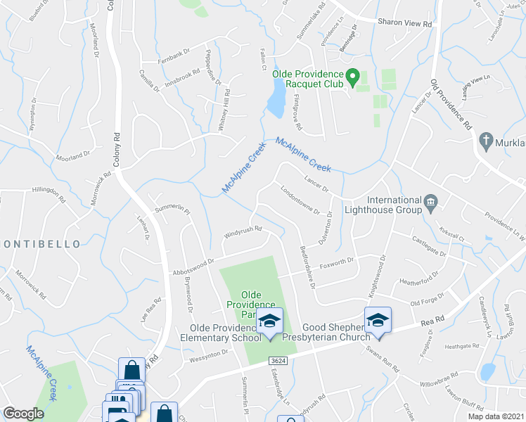 map of restaurants, bars, coffee shops, grocery stores, and more near 8905 Hunter Ridge Drive in Charlotte