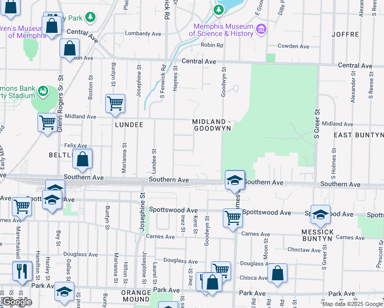 map of restaurants, bars, coffee shops, grocery stores, and more near 2912 Felix Avenue in Memphis