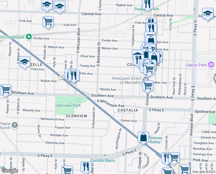 map of restaurants, bars, coffee shops, grocery stores, and more near 1956 Walker Avenue in Memphis