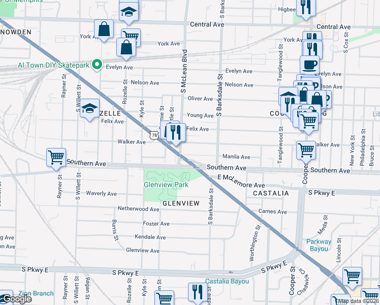 map of restaurants, bars, coffee shops, grocery stores, and more near in Memphis