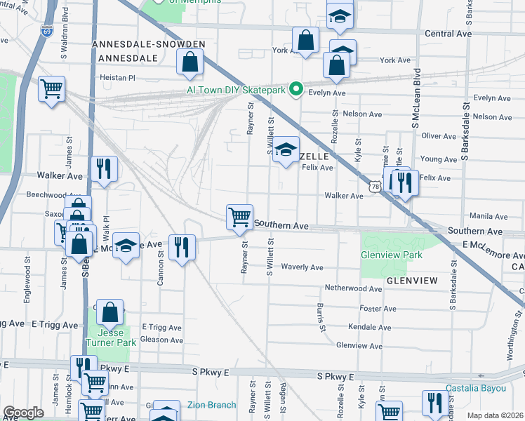 map of restaurants, bars, coffee shops, grocery stores, and more near 1032 South Willett Street in Memphis