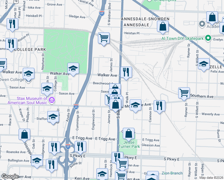 map of restaurants, bars, coffee shops, grocery stores, and more near 1187 Beechwood Avenue in Memphis