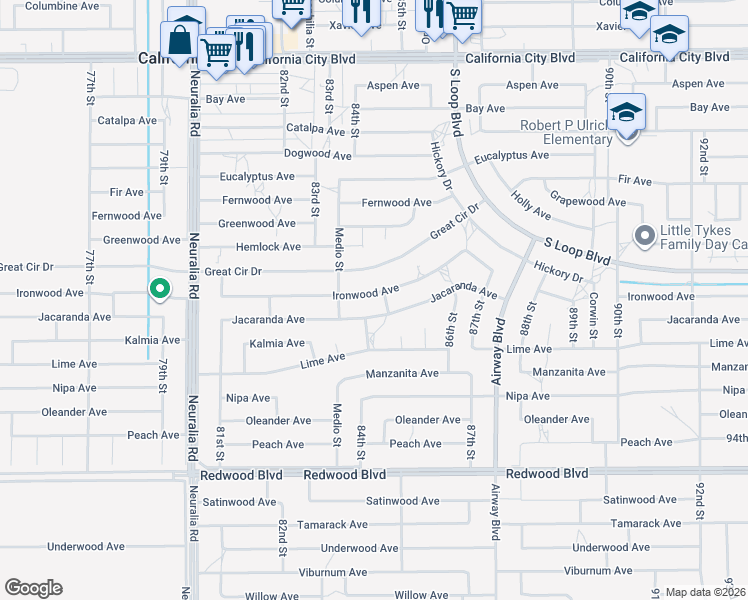 map of restaurants, bars, coffee shops, grocery stores, and more near 8412 Ironwood Avenue in California City