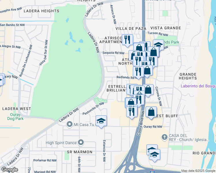 map of restaurants, bars, coffee shops, grocery stores, and more near 3027 Prenda De Oro Drive Northwest in Albuquerque
