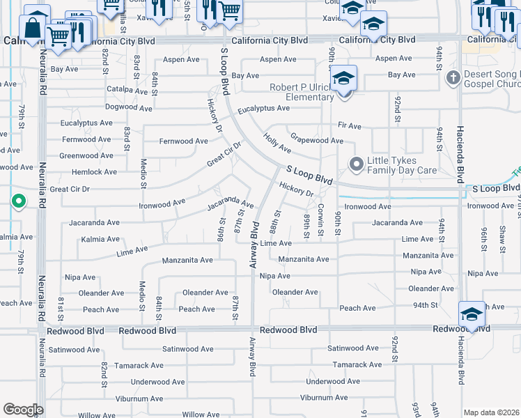 map of restaurants, bars, coffee shops, grocery stores, and more near Jacaranda Avenue in California City
