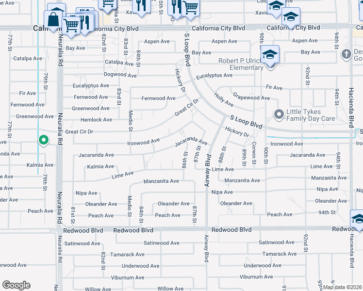 map of restaurants, bars, coffee shops, grocery stores, and more near 8580 Jacaranda Avenue in California City