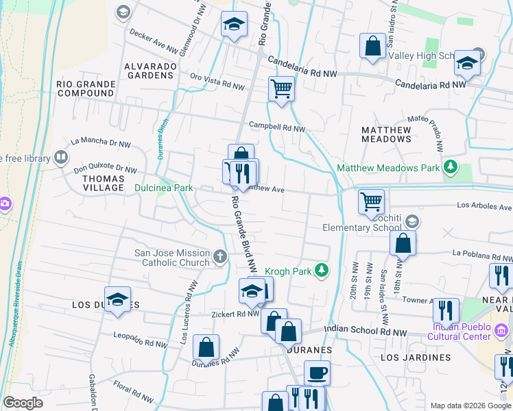map of restaurants, bars, coffee shops, grocery stores, and more near 2310 Matthew Avenue in Albuquerque