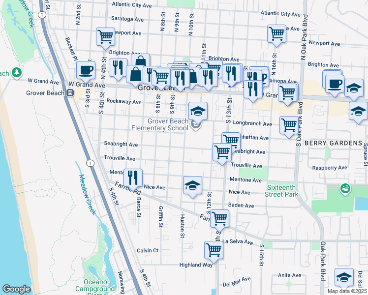 map of restaurants, bars, coffee shops, grocery stores, and more near South 10th Street in Grover Beach