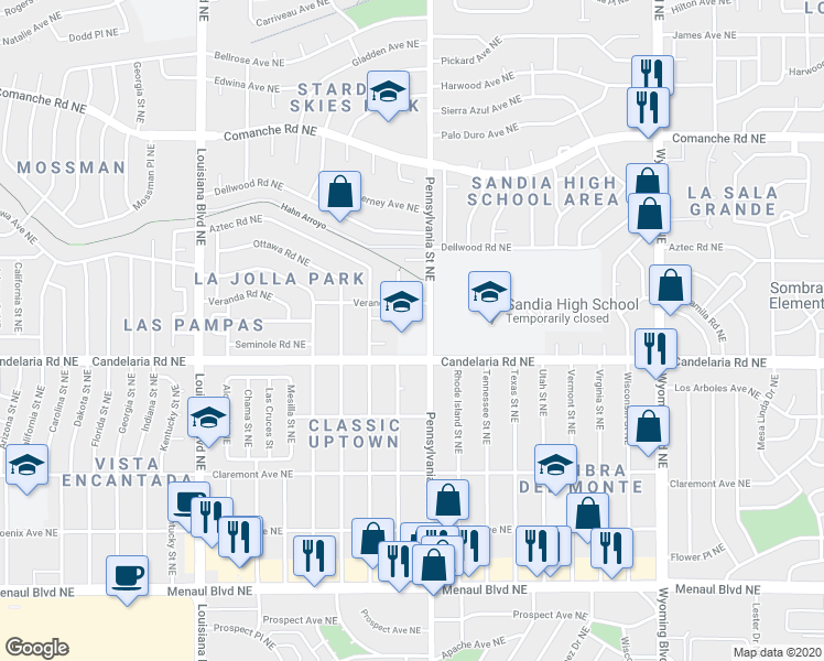 map of restaurants, bars, coffee shops, grocery stores, and more near 7701 Candelaria Road Northeast in Albuquerque
