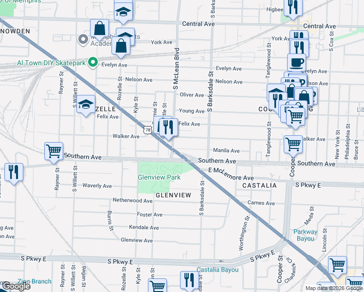 map of restaurants, bars, coffee shops, grocery stores, and more near in Memphis