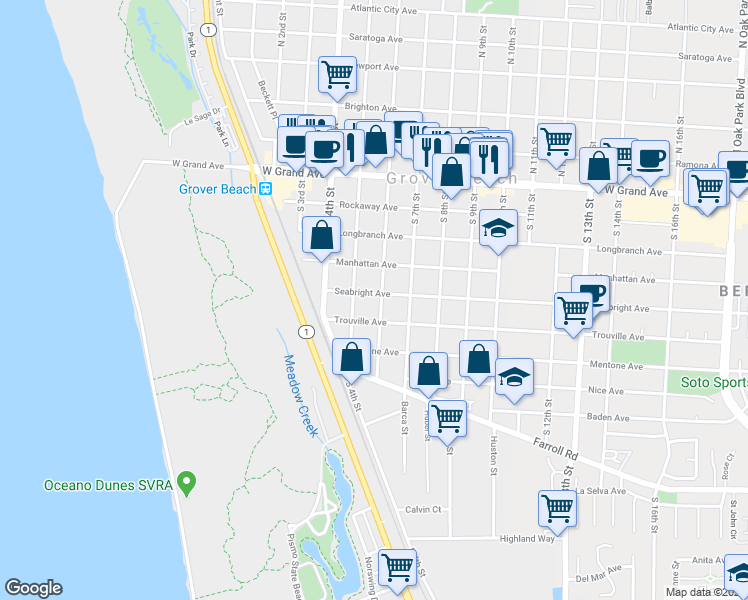 map of restaurants, bars, coffee shops, grocery stores, and more near 568 Seabright Avenue in Grover Beach