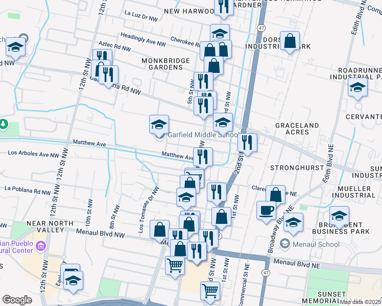 map of restaurants, bars, coffee shops, grocery stores, and more near 3401 4th Street Northwest in Albuquerque
