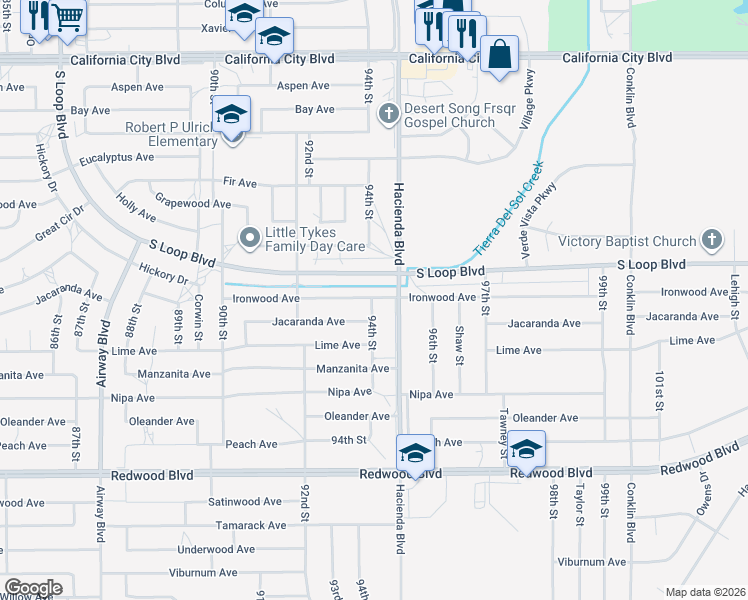 map of restaurants, bars, coffee shops, grocery stores, and more near Ironwood Avenue in California City