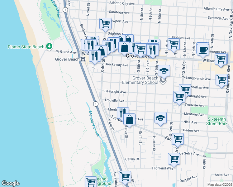 map of restaurants, bars, coffee shops, grocery stores, and more near 568 Seabright Avenue in Grover Beach