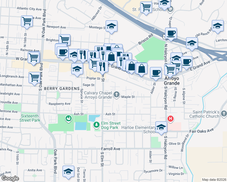 map of restaurants, bars, coffee shops, grocery stores, and more near 174 Pine Street in Arroyo Grande