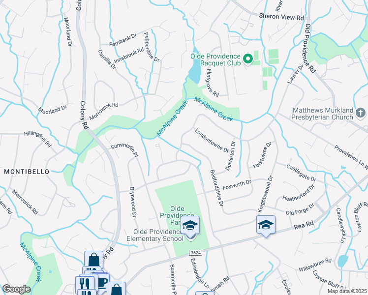 map of restaurants, bars, coffee shops, grocery stores, and more near 7741 Bedfordshire Drive in Charlotte