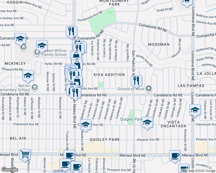 map of restaurants, bars, coffee shops, grocery stores, and more near 3118 Alvarado Drive Northeast in Albuquerque