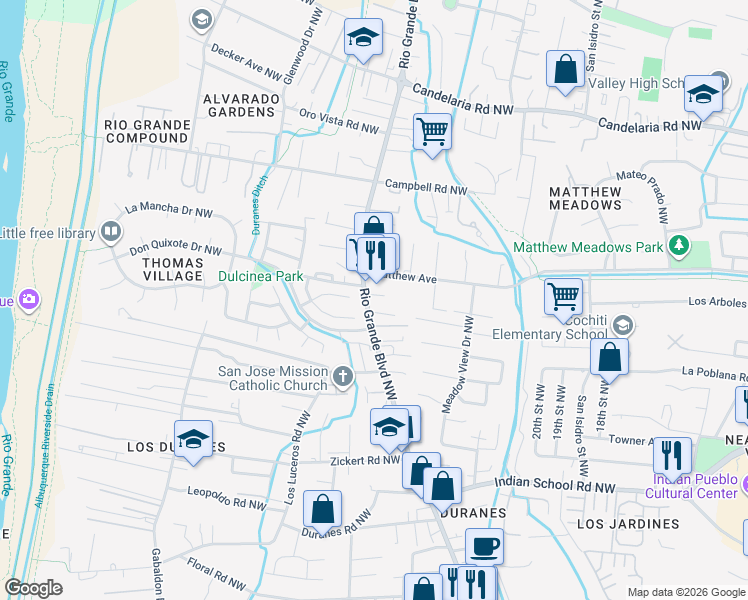 map of restaurants, bars, coffee shops, grocery stores, and more near in Albuquerque