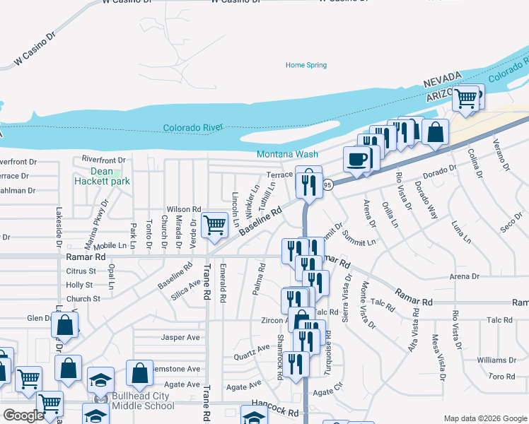 map of restaurants, bars, coffee shops, grocery stores, and more near 1384 Tuthill Lane in Bullhead City